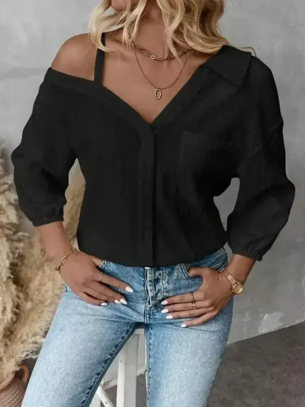 Women's One Shoulder Open Strap Long Sleeve Collar Button-Down Shirt - 2