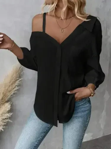 Women's One Shoulder Open Strap Long Sleeve Collar Button-Down Shirt - 4