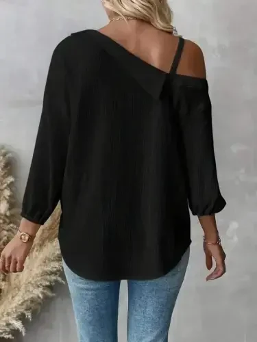 Women's One Shoulder Open Strap Long Sleeve Collar Button-Down Shirt - 5