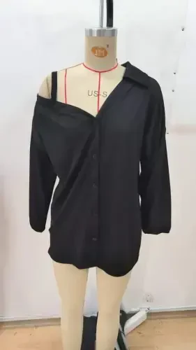 Women's One Shoulder Open Strap Long Sleeve Collar Button-Down Shirt - 6