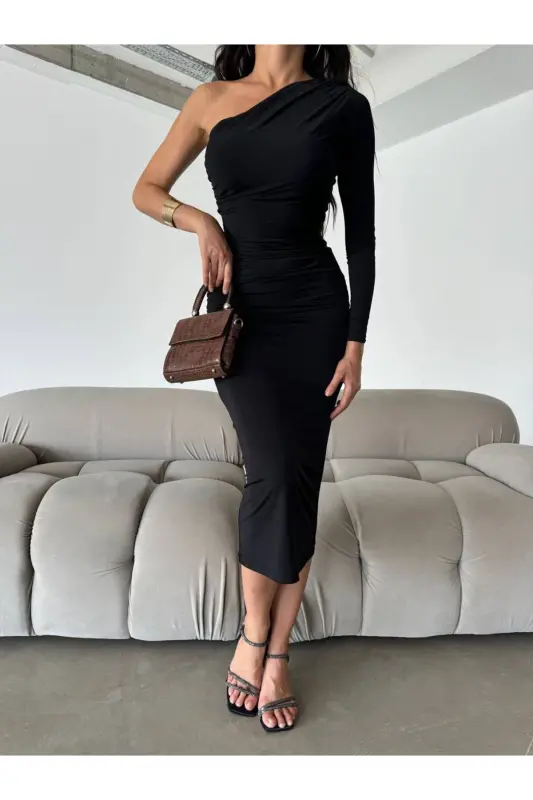 Women's One Shoulder Ruched Dress-BLACK - SEVENLINE