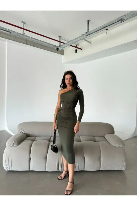 Women's One Shoulder Ruched Dress-KHAKI - 2