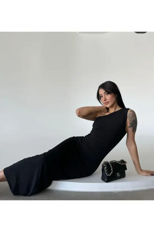 Women's One Shoulder Ruched Midi Dress-BLACK - 1