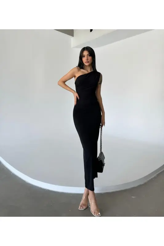 Women's One Shoulder Ruched Midi Dress-BLACK - 3