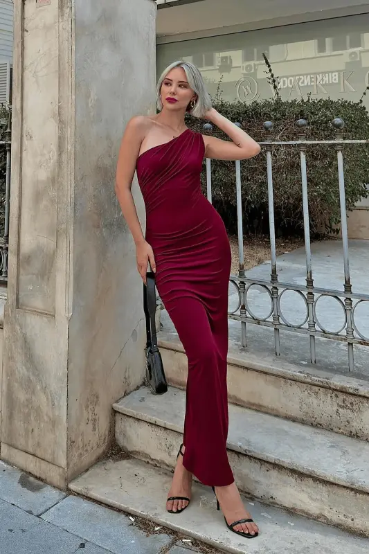 Women's One Shoulder Ruched Midi Dress-Burgundy - 4