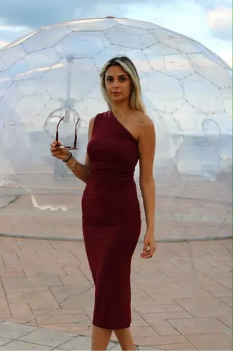 Women's One Shoulder Ruched Midi Dress-Burgundy 