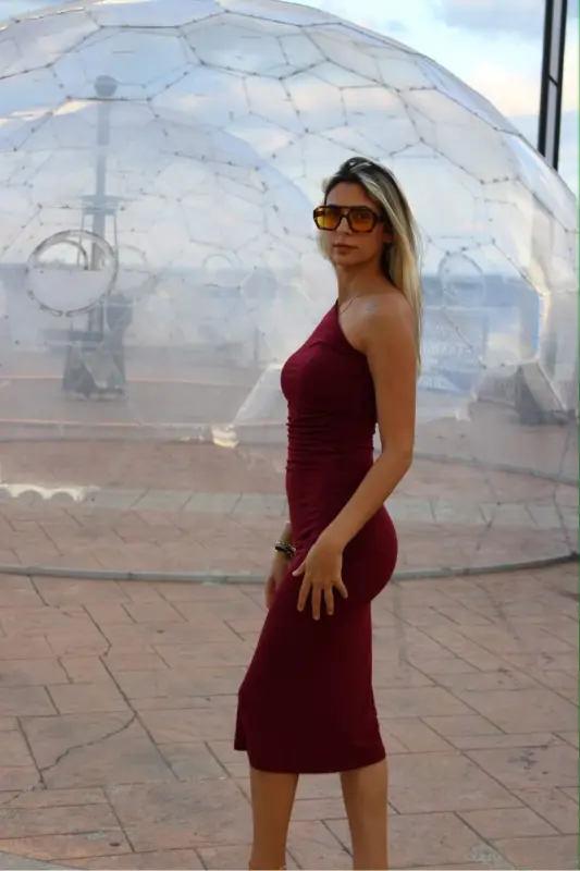 Women's One Shoulder Ruched Midi Dress-Burgundy - 6