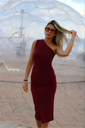 Women's One Shoulder Ruched Midi Dress-Burgundy - 7