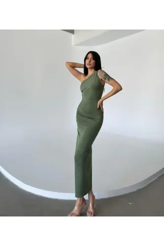 Women's One Shoulder Ruched Midi Dress-KHAKI - 2