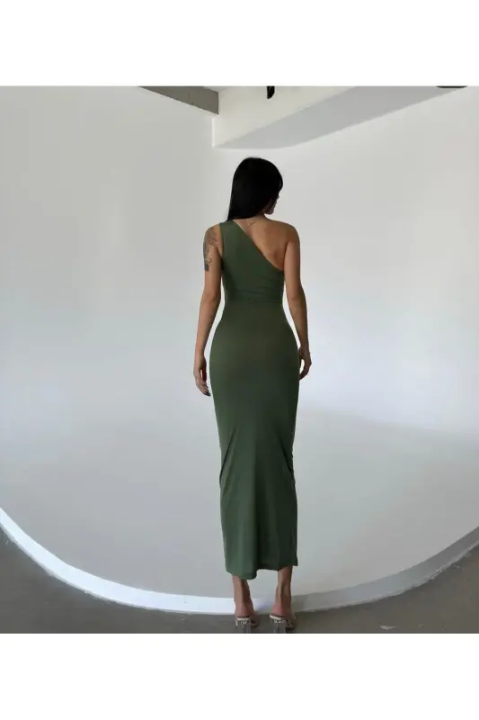 Women's One Shoulder Ruched Midi Dress-KHAKI - 3