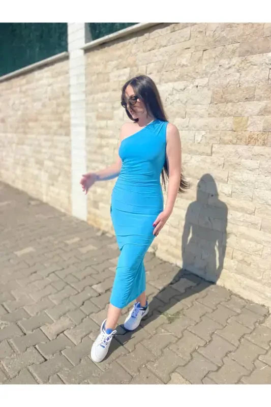 Women's One Shoulder Ruched Midi Dress-Navy Blue - 2