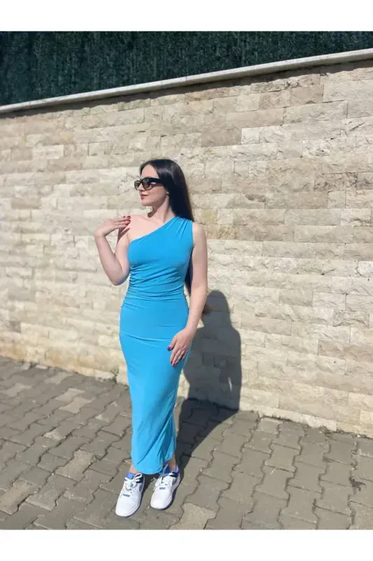 Women's One Shoulder Ruched Midi Dress-Navy Blue - 6