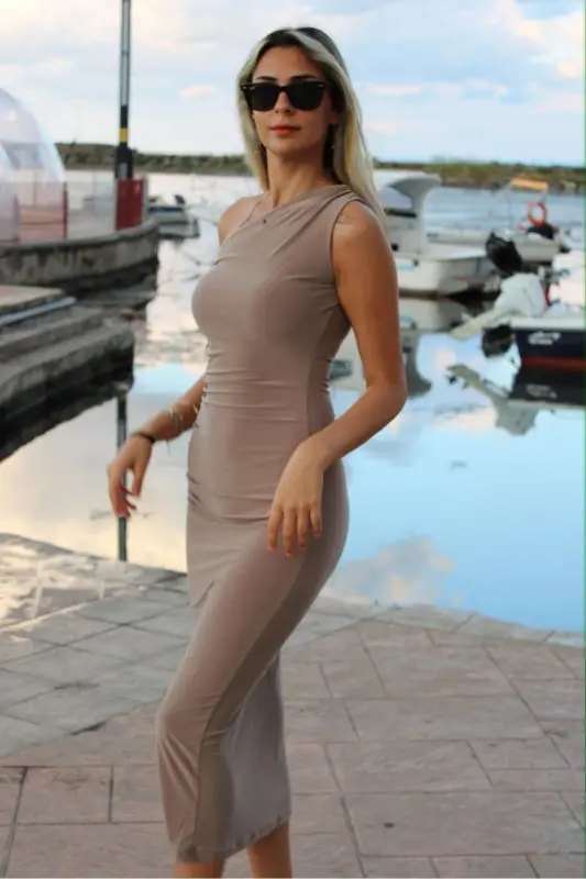 Women's One Shoulder Ruched Midi Dress-VISION - 8