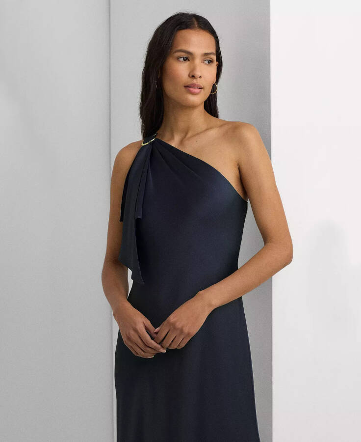 Women's One-Shoulder Satin Gown - Navy - 3