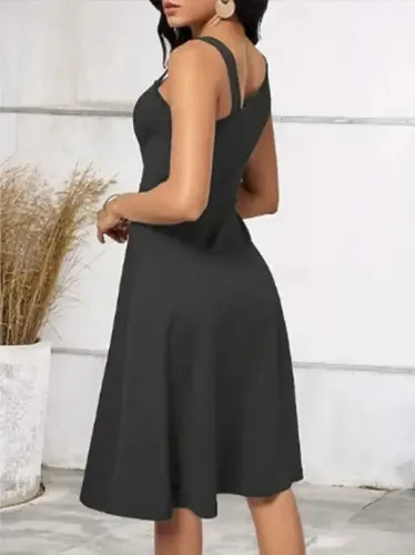 Women's One Shoulder strap Detail Sleeveless Side Button Detailed Crinkle Crepe Dress - BÜYÜKBEDENIZ (1)