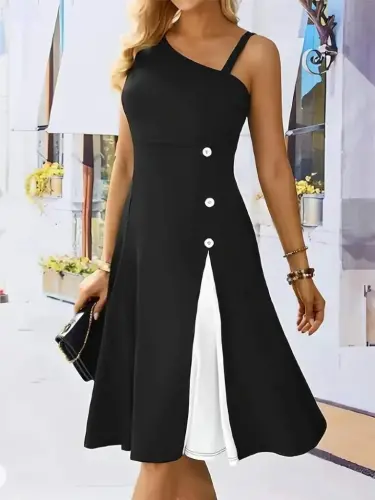 Women's One Shoulder strap Detailed Sleeveless Side Button Detailed Shimmer Crepe Dress - 1