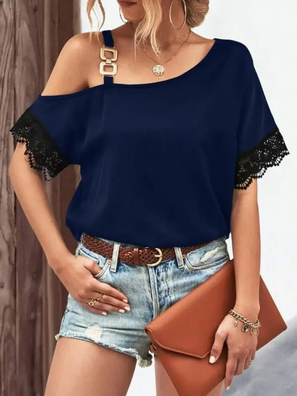 Women's One Shoulder Strap Short Sleeve Buckle Detailed Lace Viscose Blouse - BÜYÜKBEDENIZ