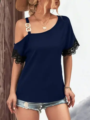 Women's One Shoulder Strap Short Sleeve Buckle Detailed Lace Viscose Blouse - BÜYÜKBEDENIZ (1)