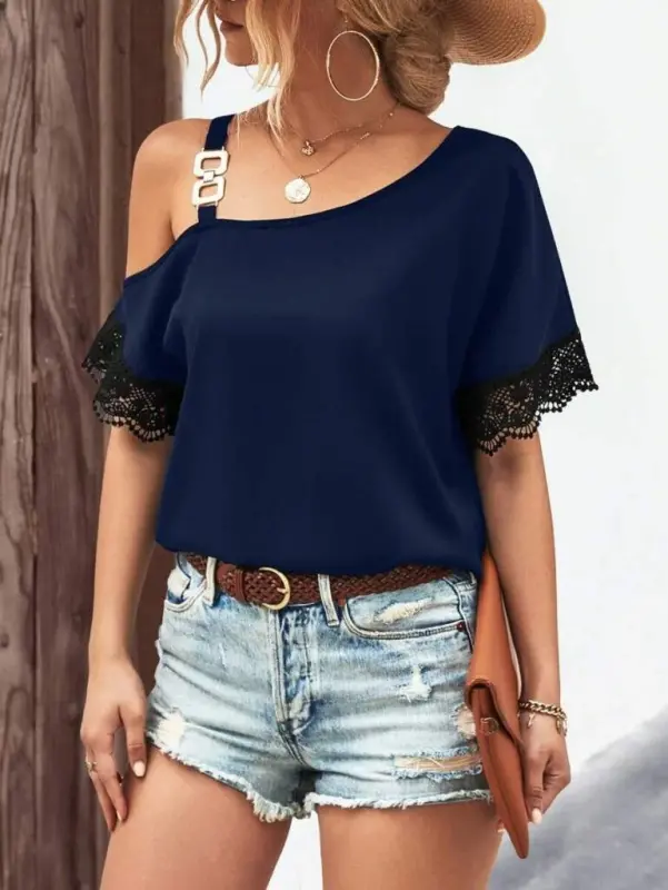 Women's One Shoulder Strap Short Sleeve Buckle Detailed Lace Viscose Blouse - 3