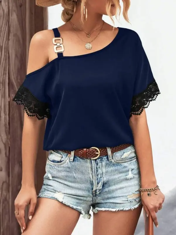 Women's One Shoulder Strap Short Sleeve Buckle Detailed Lace Viscose Blouse - 4