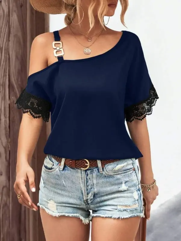 Women's One Shoulder Strap Short Sleeve Buckle Detailed Lace Viscose Blouse - 5