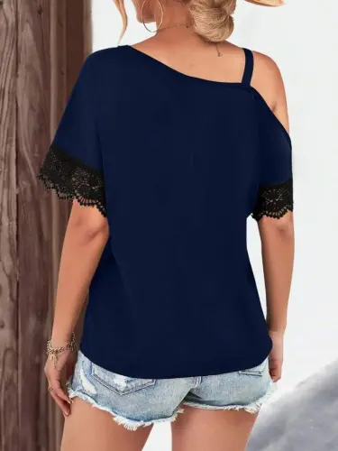 Women's One Shoulder Strap Short Sleeve Buckle Detailed Lace Viscose Blouse - 6