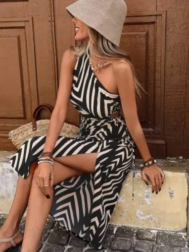 Women's One-Shoulder Strappy Side-Ruching Slit Midi Suprem Dress - 6
