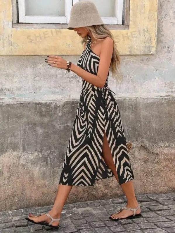Women's One-Shoulder Strappy Side-Ruching Slit Midi Suprem Dress - 7