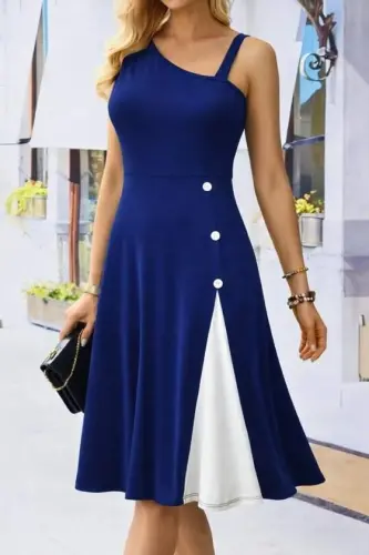 Women's One Shoulder Striped Detail Sleeveless Side Button Detail Shimmer Crepe Dress - 1