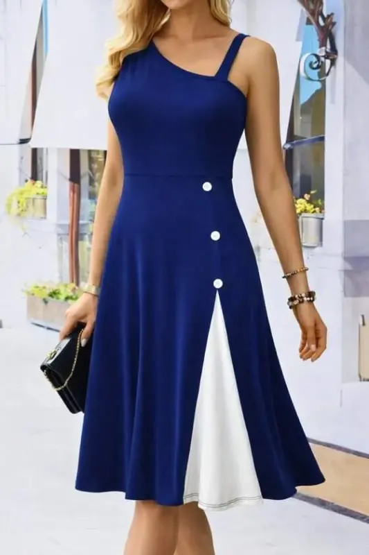 Women's One Shoulder Striped Detail Sleeveless Side Button Detail Shimmer Crepe Dress - BÜYÜKBEDENIZ