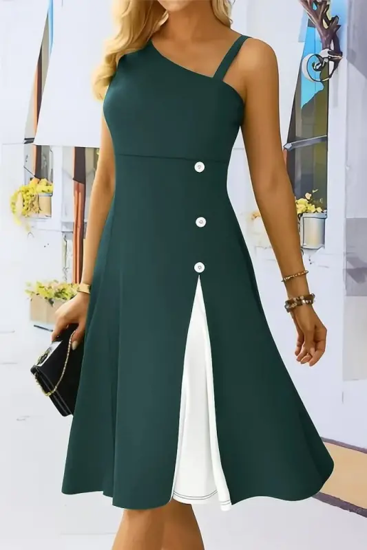 Women's One-Shoulder Striped Detail Sleeveless Side Button Detail Viscose Dress - BÜYÜKBEDENIZ