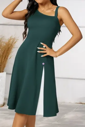 Women's One-Shoulder Striped Detail Sleeveless Side Button Detail Viscose Dress - BÜYÜKBEDENIZ (1)