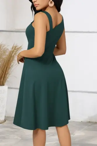 Women's One-Shoulder Striped Detail Sleeveless Side Button Detail Viscose Dress - 3