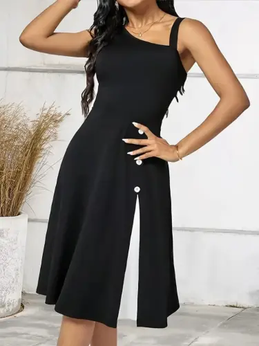 Women's One Shoulder Striped Detail Sleeveless Side Button Detail Viscose Dress - 3