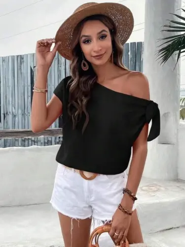 Women's One Shoulder Tie Sleeve Crinkle Crepe Blouse - BÜYÜKBEDENIZ (1)