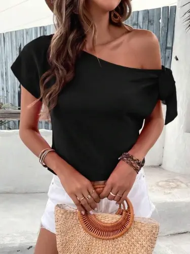 Women's One Shoulder Tie Sleeve Crinkle Crepe Blouse - 6