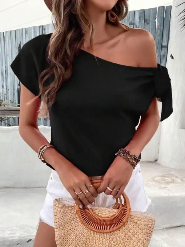 Women's One Shoulder Tie Sleeve Crinkle Crepe Blouse - 6