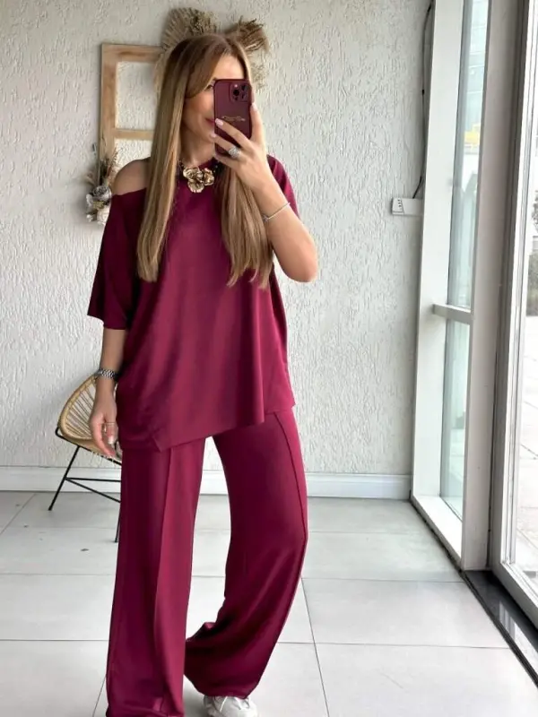 Women's One Shoulder Wide Leg Viscose Two Thread Blouse and Pants Set - 1