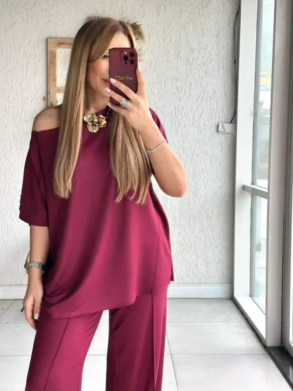 Women's One Shoulder Wide Leg Viscose Two Thread Blouse and Pants Set - 2