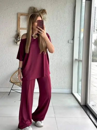 Women's One Shoulder Wide Leg Viscose Two Thread Blouse and Pants Set - 3