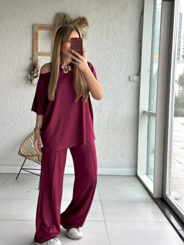 Women's One Shoulder Wide Leg Viscose Two Thread Blouse and Pants Set - 3