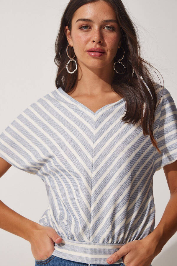 Women's Open Blue White Striped V-Neck Knit Blouse WF00026 - 1