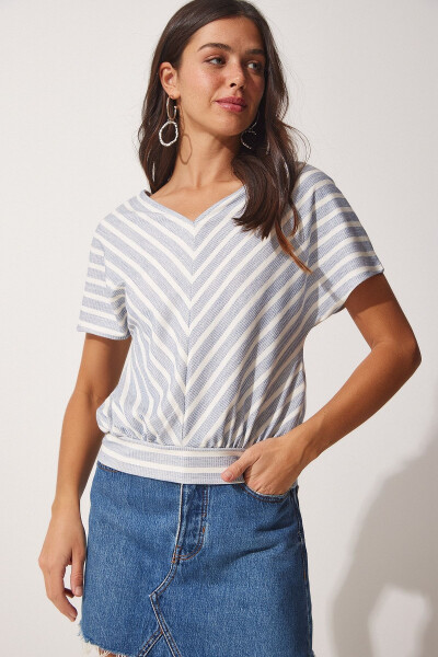 Women's Open Blue White Striped V-Neck Knit Blouse WF00026 - HAPPINESS İSTANBUL (1)