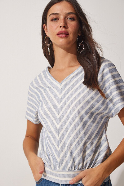 Women's Open Blue White Striped V-Neck Knit Blouse WF00026 - 3