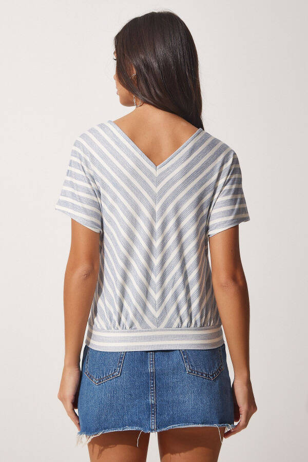 Women's Open Blue White Striped V-Neck Knit Blouse WF00026 - 4