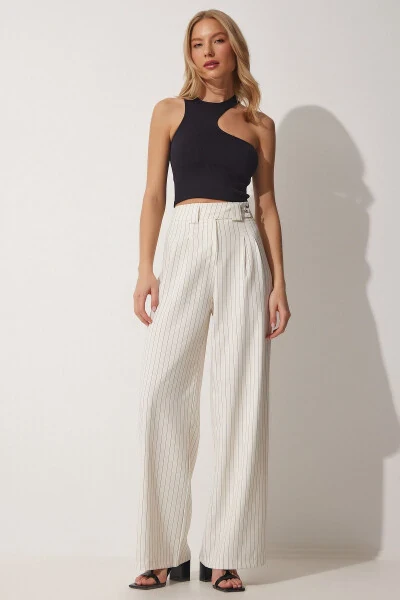 Women's Open Cream Pleated Wide Leg Trousers GK00008 - HAPPINESS İSTANBUL