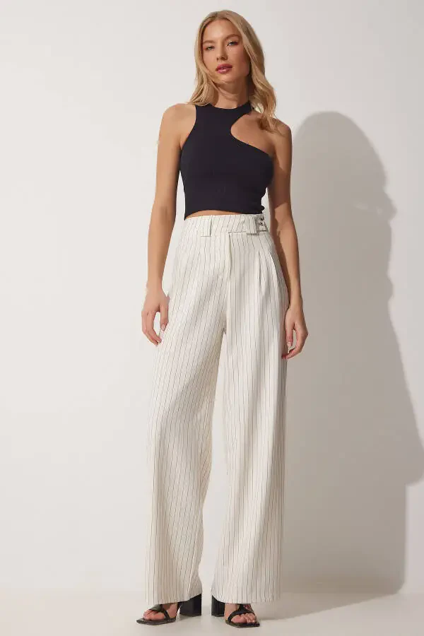 Women's Open Cream Pleated Wide Leg Trousers GK00008 - 1
