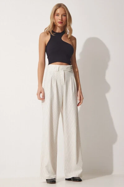 Women's Open Cream Pleated Wide Leg Trousers GK00008 - HAPPINESS İSTANBUL (1)