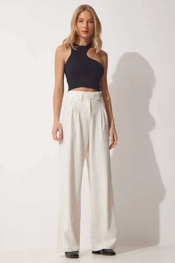 Women's Open Cream Pleated Wide Leg Trousers GK00008 - 2