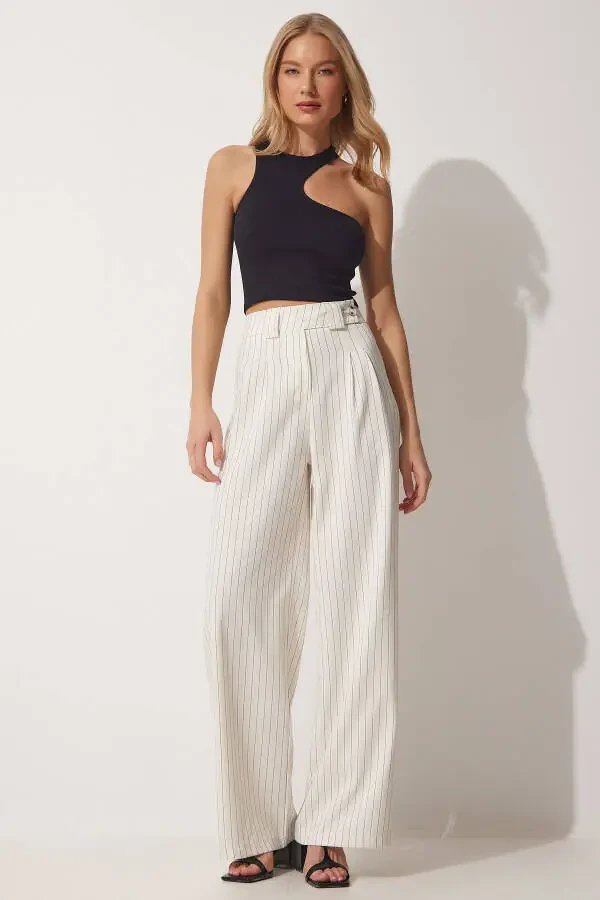 Women's Open Cream Pleated Wide Leg Trousers GK00008 - 3